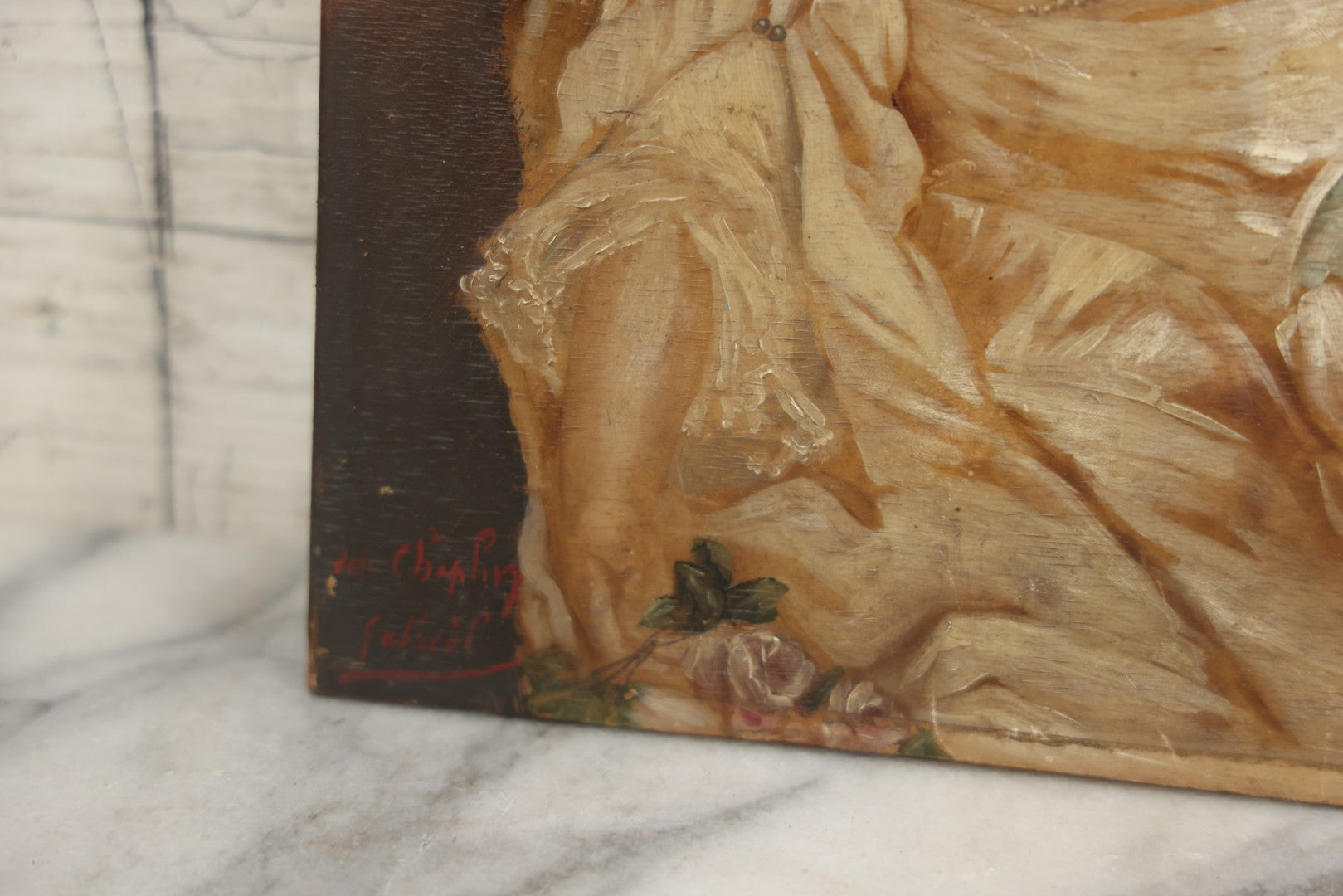 Lot 002 - Antique Oil On Wood Panel Portrait Painting Of A Woman In White Gown With Star Ornament In Hair, Signed Lower Left, Circa Late 19th Century, 8-1/2" x 10-3/4"