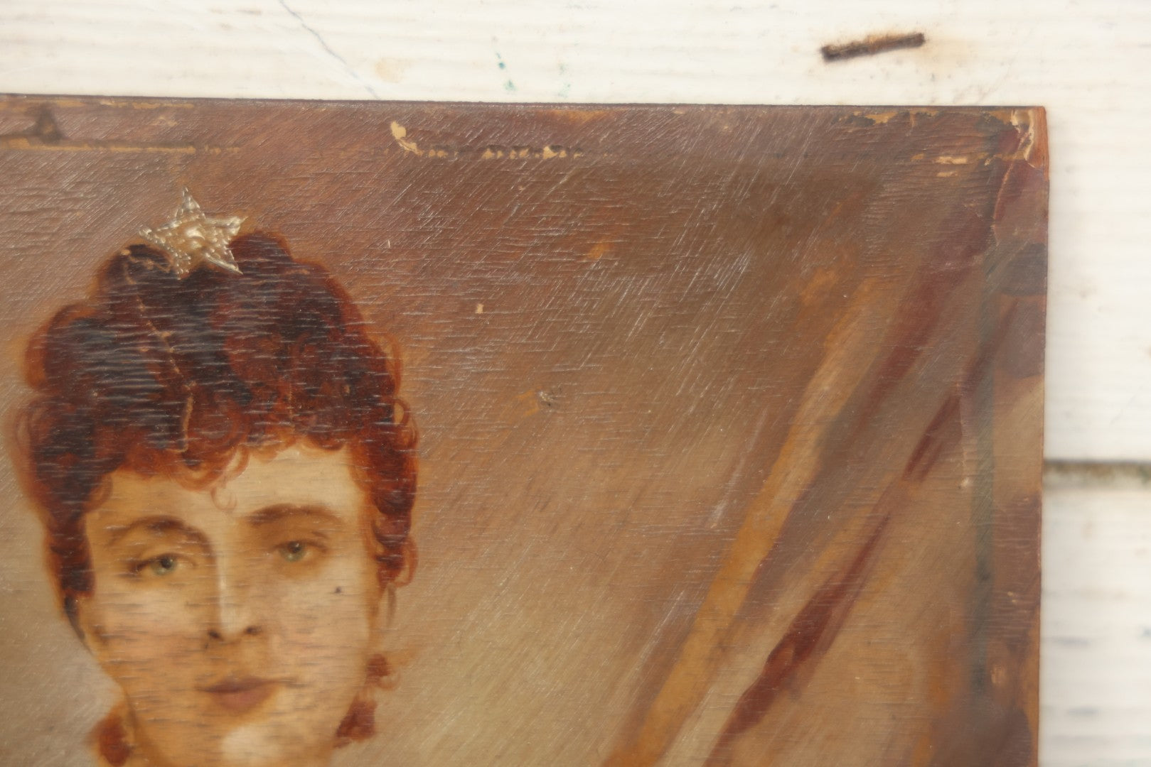 Lot 002 - Antique Oil On Wood Panel Portrait Painting Of A Woman In White Gown With Star Ornament In Hair, Signed Lower Left, Circa Late 19th Century, 8-1/2" x 10-3/4"