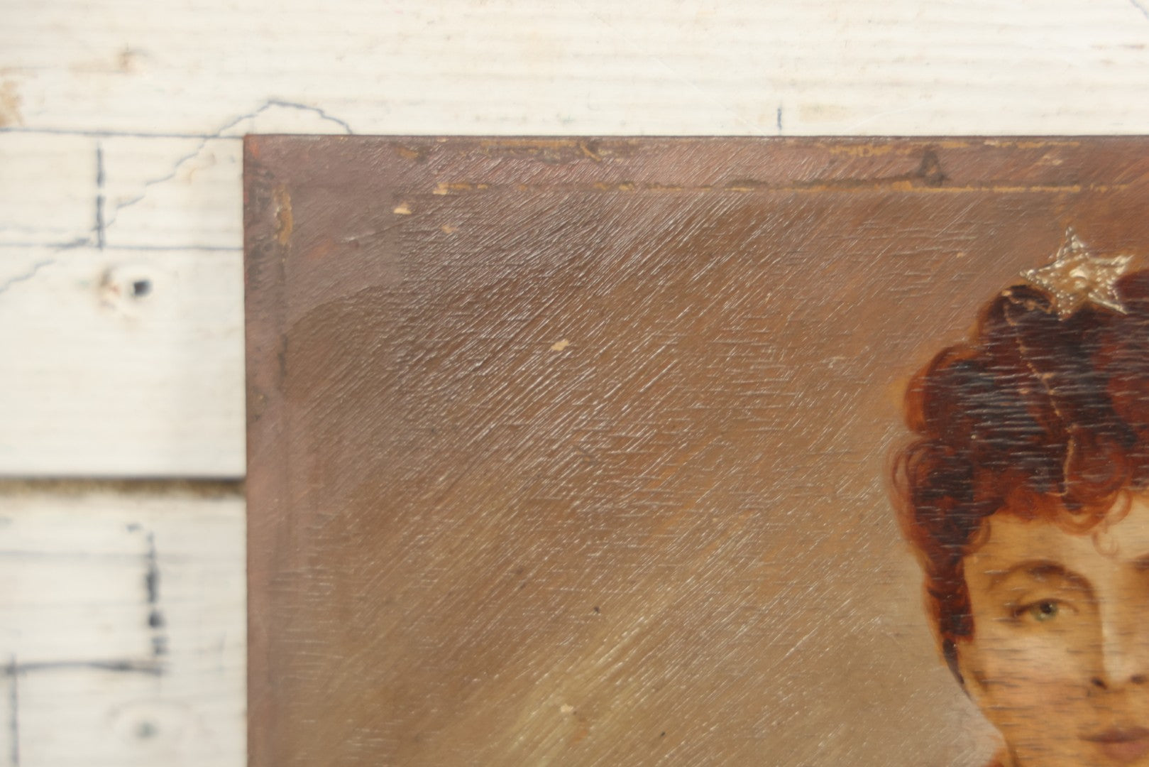 Lot 002 - Antique Oil On Wood Panel Portrait Painting Of A Woman In White Gown With Star Ornament In Hair, Signed Lower Left, Circa Late 19th Century, 8-1/2" x 10-3/4"