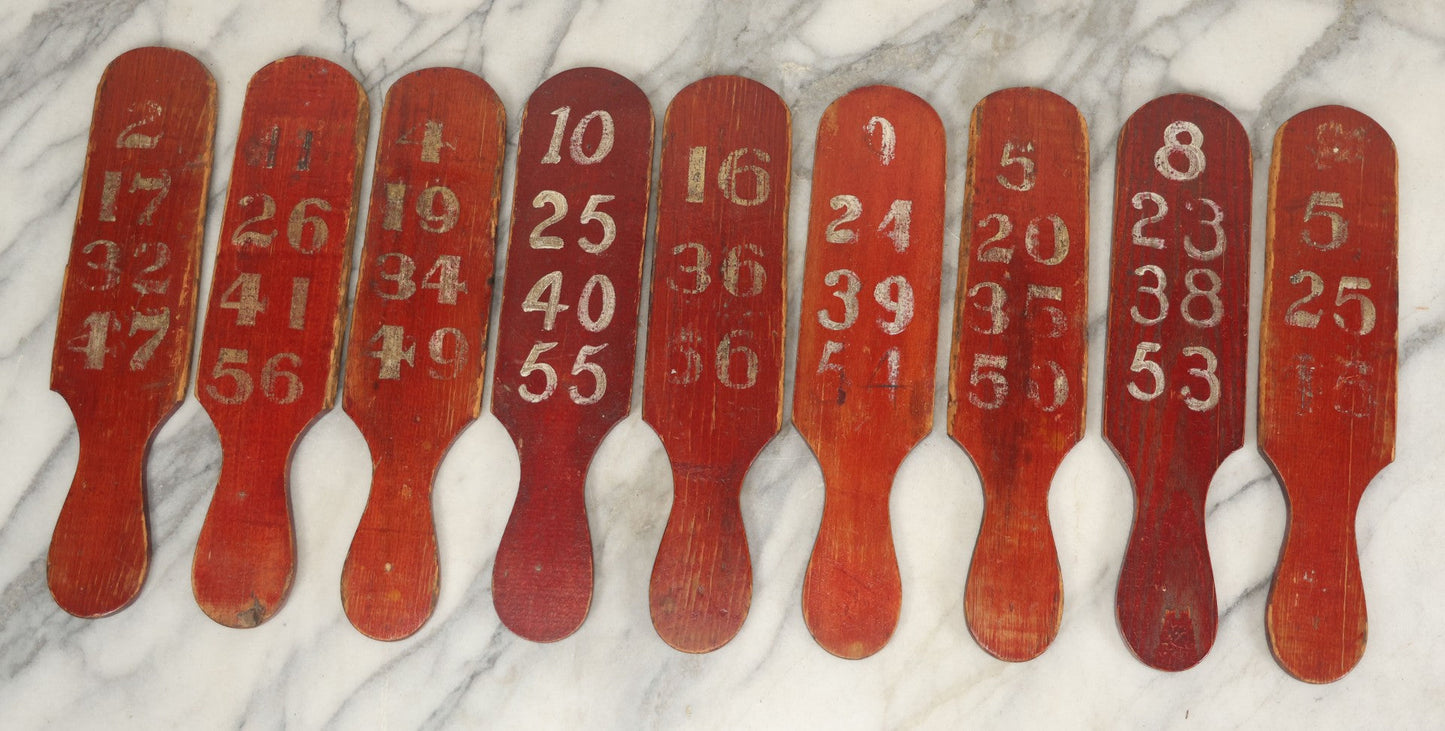 Lot 003 - Grouping Of Nine Vintage Folk Art Carnival Wheel Game Betting Paddles, Hand Painted Wood With Red Background And White Numbers, Circa 1930s 11-1/4" H Each