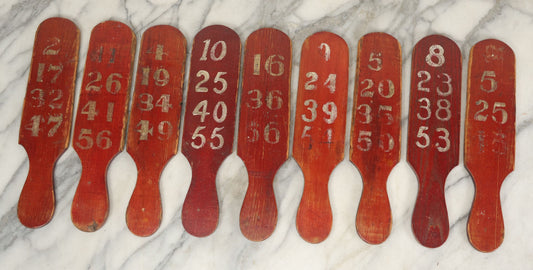 Lot 003 - Grouping Of Nine Vintage Folk Art Carnival Wheel Game Betting Paddles, Hand Painted Wood With Red Background And White Numbers, Circa 1930s 11-1/4" H Each