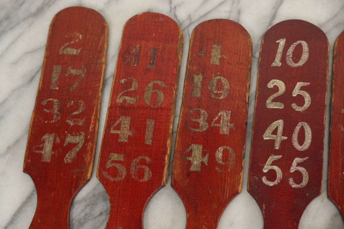 Lot 003 - Grouping Of Nine Vintage Folk Art Carnival Wheel Game Betting Paddles, Hand Painted Wood With Red Background And White Numbers, Circa 1930s 11-1/4" H Each