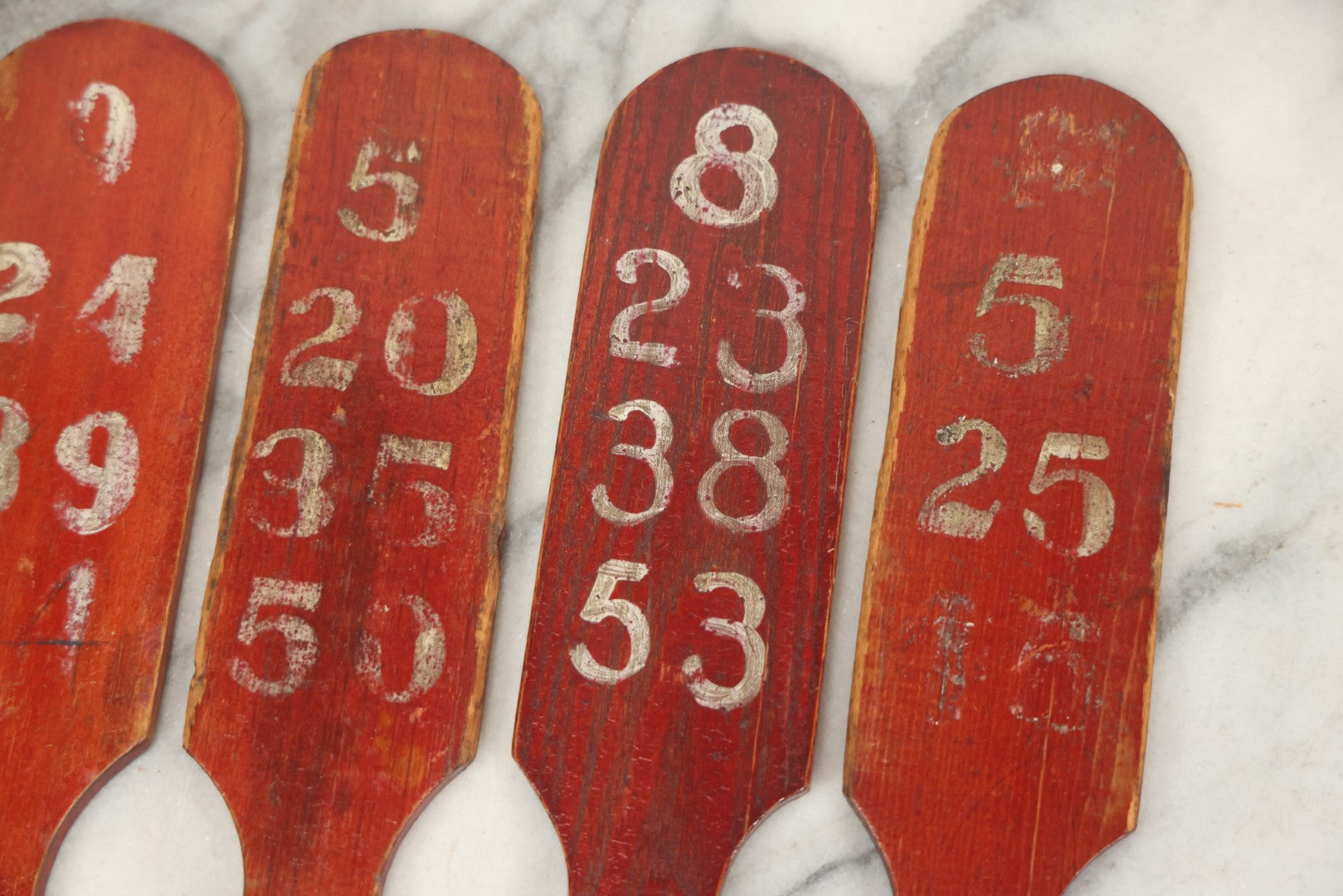 Lot 003 - Grouping Of Nine Vintage Folk Art Carnival Wheel Game Betting Paddles, Hand Painted Wood With Red Background And White Numbers, Circa 1930s 11-1/4" H Each