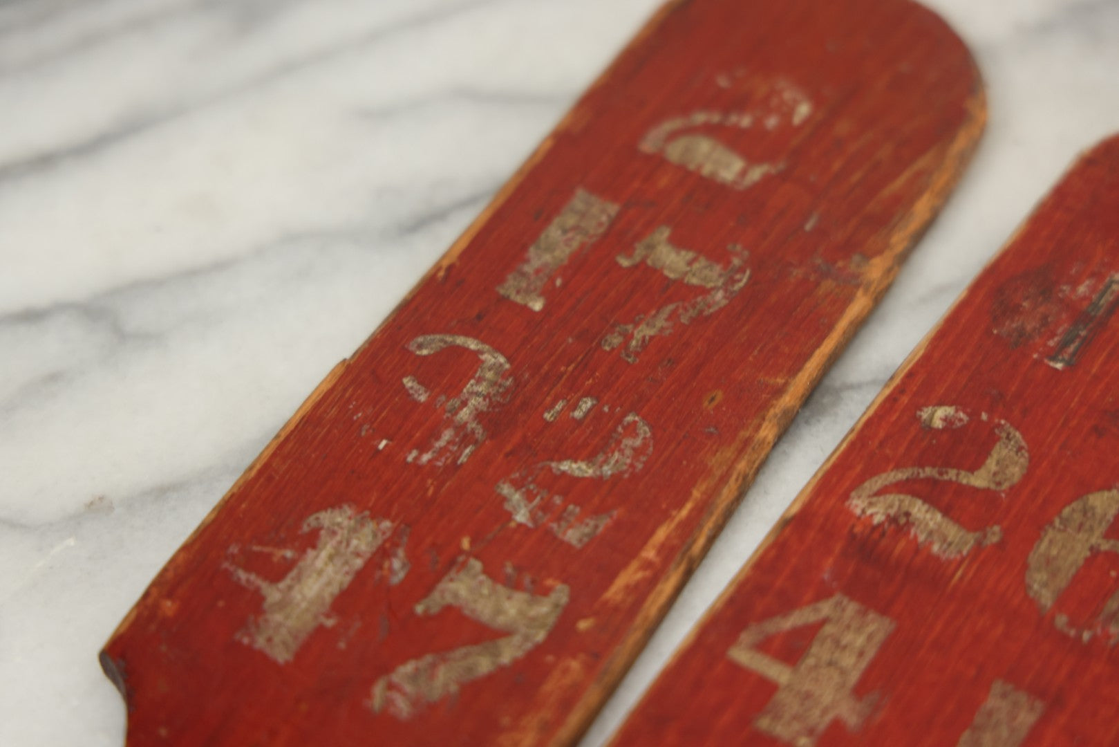 Lot 003 - Grouping Of Nine Vintage Folk Art Carnival Wheel Game Betting Paddles, Hand Painted Wood With Red Background And White Numbers, Circa 1930s 11-1/4" H Each