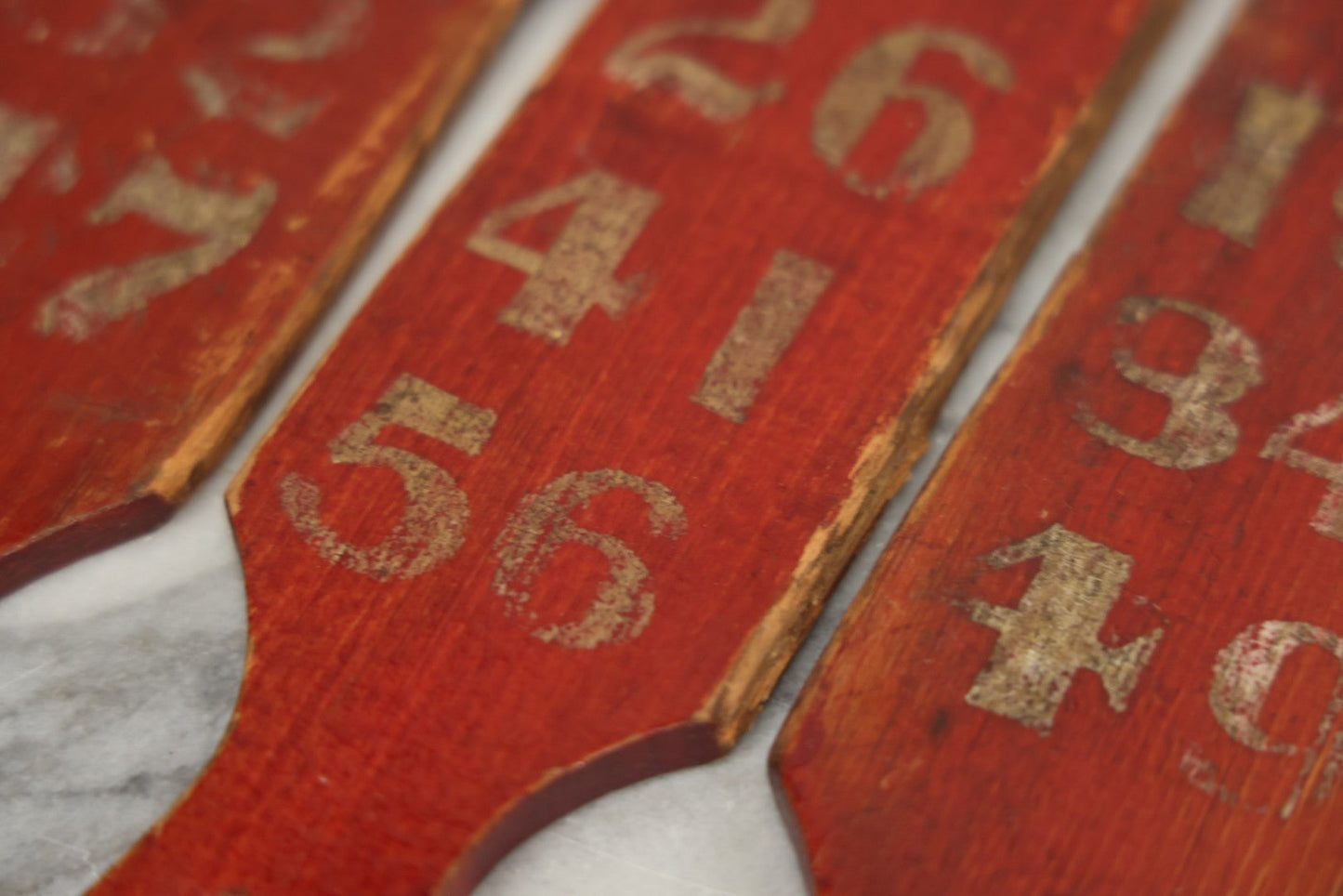 Lot 003 - Grouping Of Nine Vintage Folk Art Carnival Wheel Game Betting Paddles, Hand Painted Wood With Red Background And White Numbers, Circa 1930s 11-1/4" H Each