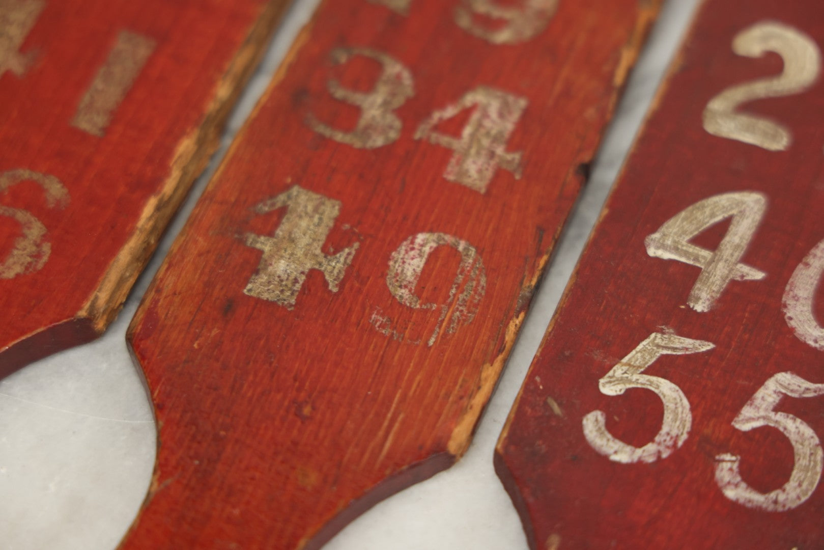 Lot 003 - Grouping Of Nine Vintage Folk Art Carnival Wheel Game Betting Paddles, Hand Painted Wood With Red Background And White Numbers, Circa 1930s 11-1/4" H Each
