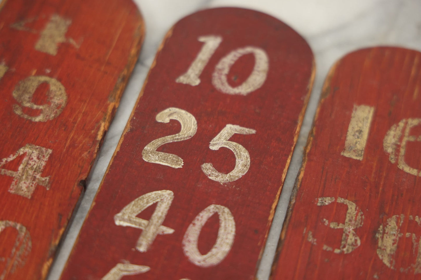 Lot 003 - Grouping Of Nine Vintage Folk Art Carnival Wheel Game Betting Paddles, Hand Painted Wood With Red Background And White Numbers, Circa 1930s 11-1/4" H Each