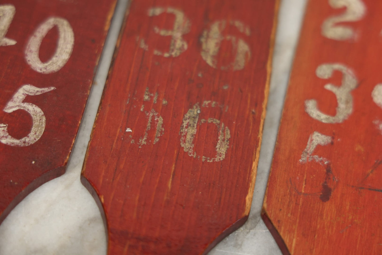 Lot 003 - Grouping Of Nine Vintage Folk Art Carnival Wheel Game Betting Paddles, Hand Painted Wood With Red Background And White Numbers, Circa 1930s 11-1/4" H Each