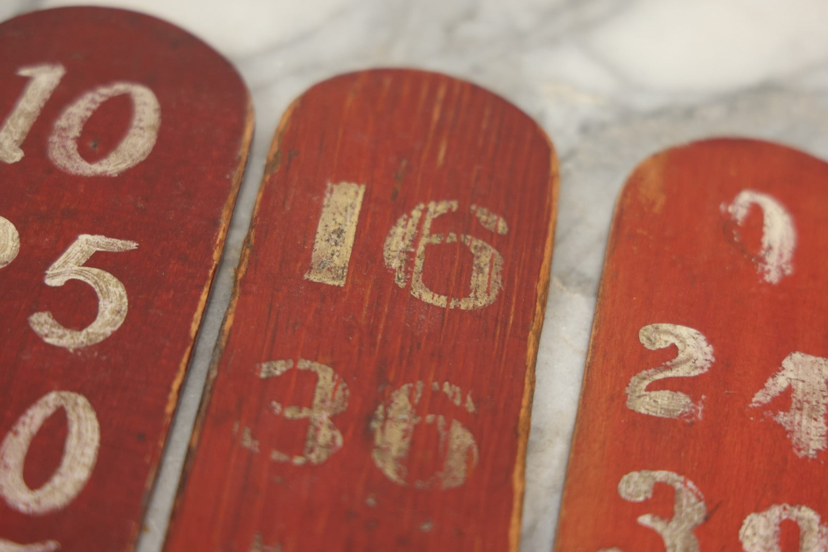 Lot 003 - Grouping Of Nine Vintage Folk Art Carnival Wheel Game Betting Paddles, Hand Painted Wood With Red Background And White Numbers, Circa 1930s 11-1/4" H Each
