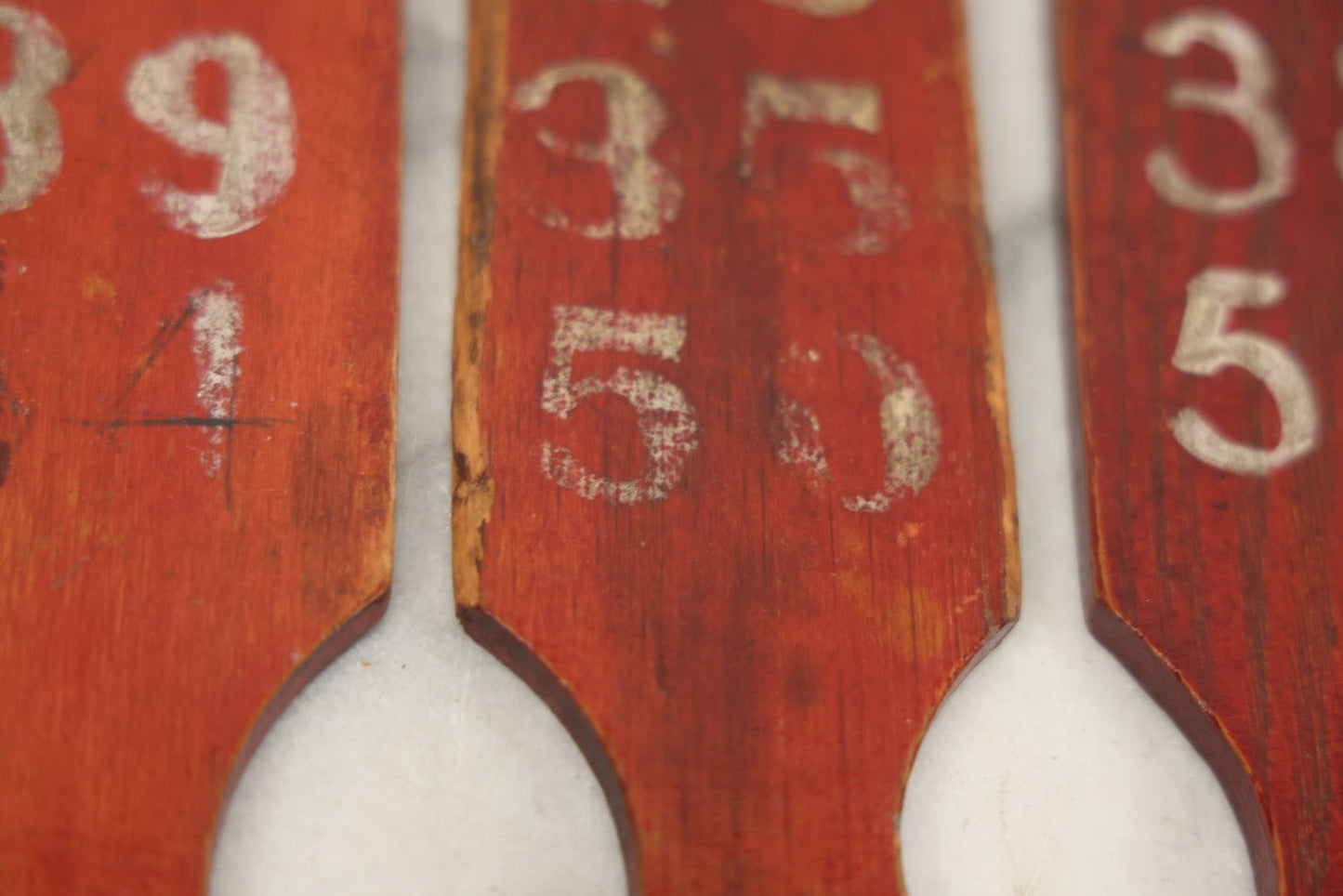 Lot 003 - Grouping Of Nine Vintage Folk Art Carnival Wheel Game Betting Paddles, Hand Painted Wood With Red Background And White Numbers, Circa 1930s 11-1/4" H Each