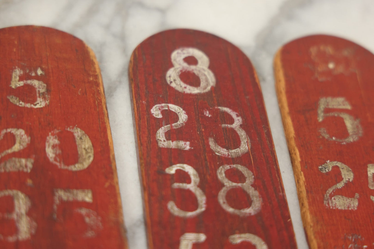 Lot 003 - Grouping Of Nine Vintage Folk Art Carnival Wheel Game Betting Paddles, Hand Painted Wood With Red Background And White Numbers, Circa 1930s 11-1/4" H Each