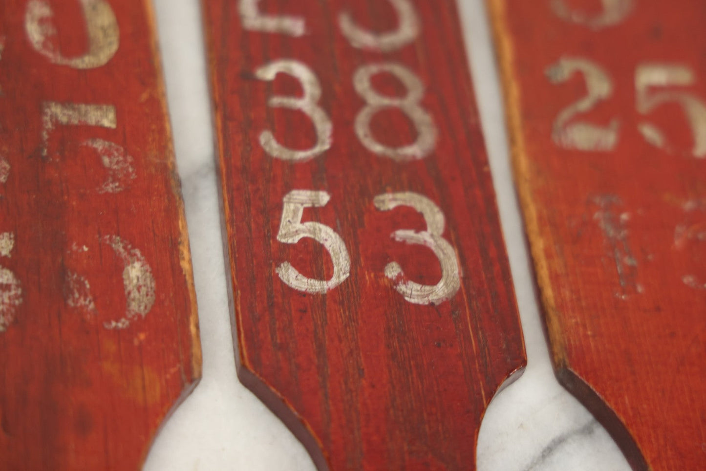 Lot 003 - Grouping Of Nine Vintage Folk Art Carnival Wheel Game Betting Paddles, Hand Painted Wood With Red Background And White Numbers, Circa 1930s 11-1/4" H Each