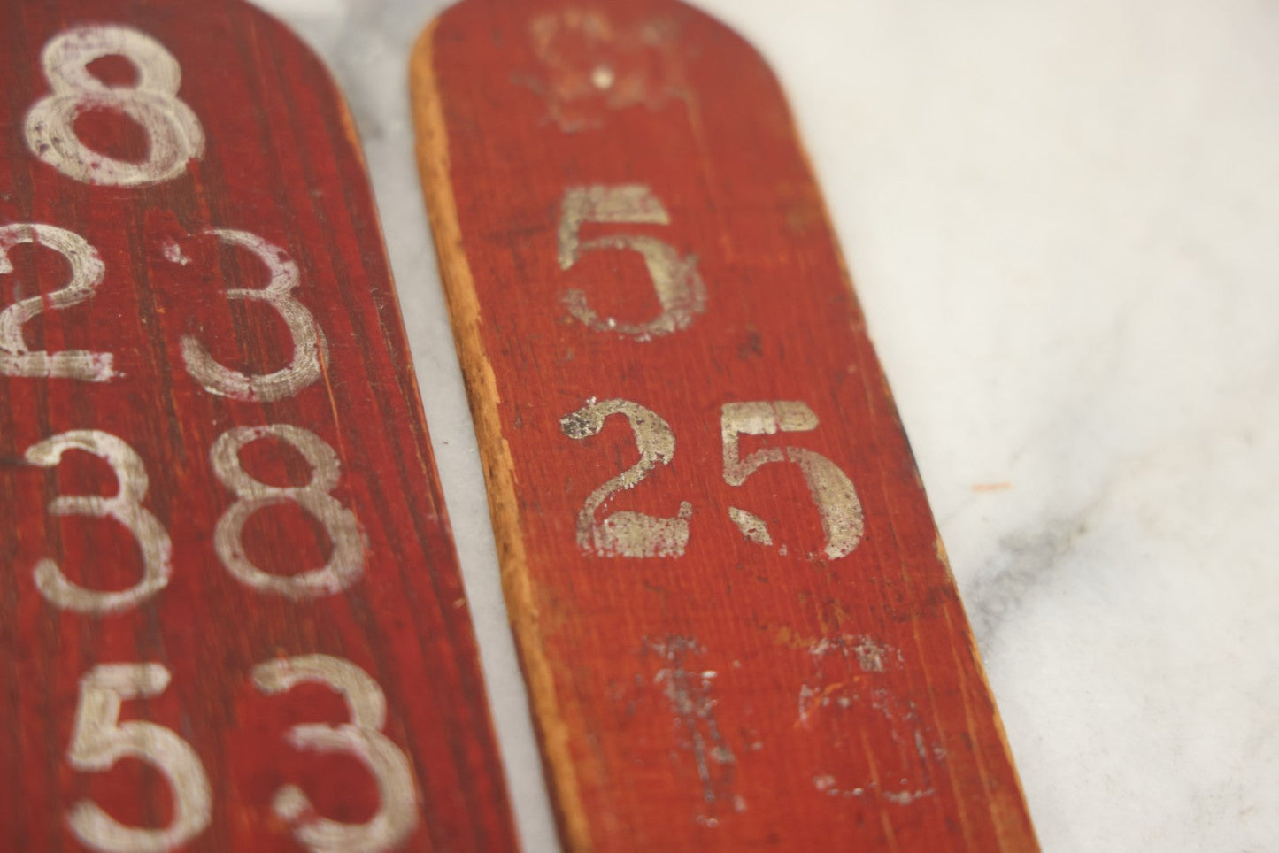 Lot 003 - Grouping Of Nine Vintage Folk Art Carnival Wheel Game Betting Paddles, Hand Painted Wood With Red Background And White Numbers, Circa 1930s 11-1/4" H Each