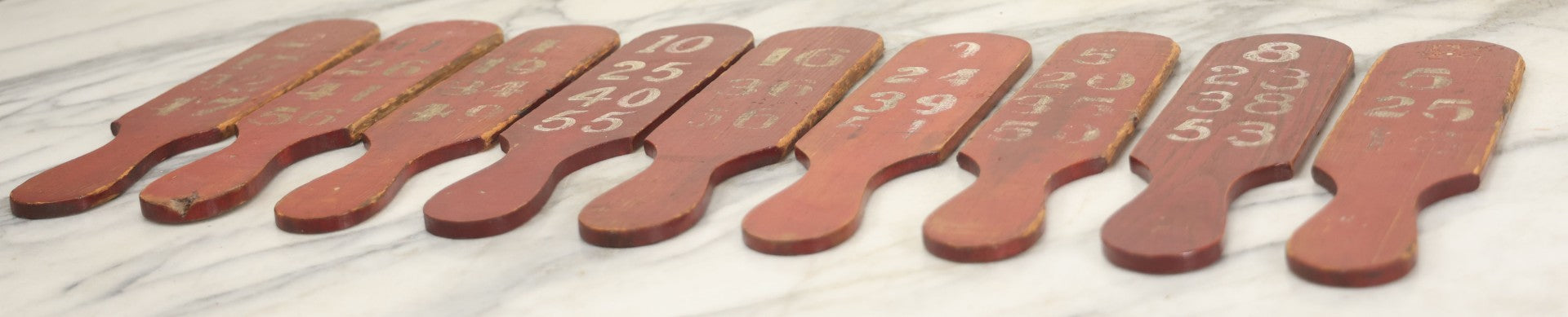 Lot 003 - Grouping Of Nine Vintage Folk Art Carnival Wheel Game Betting Paddles, Hand Painted Wood With Red Background And White Numbers, Circa 1930s 11-1/4" H Each