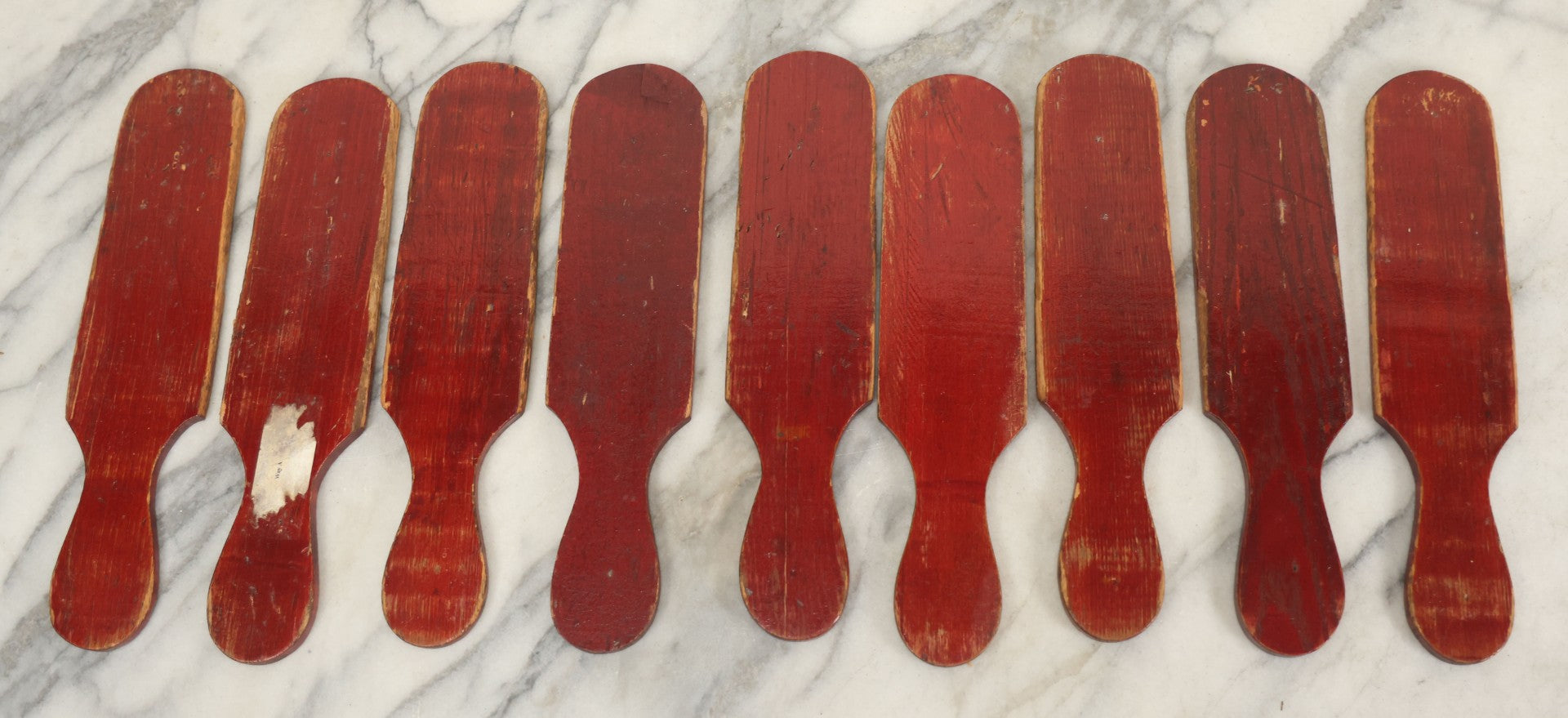 Lot 003 - Grouping Of Nine Vintage Folk Art Carnival Wheel Game Betting Paddles, Hand Painted Wood With Red Background And White Numbers, Circa 1930s 11-1/4" H Each