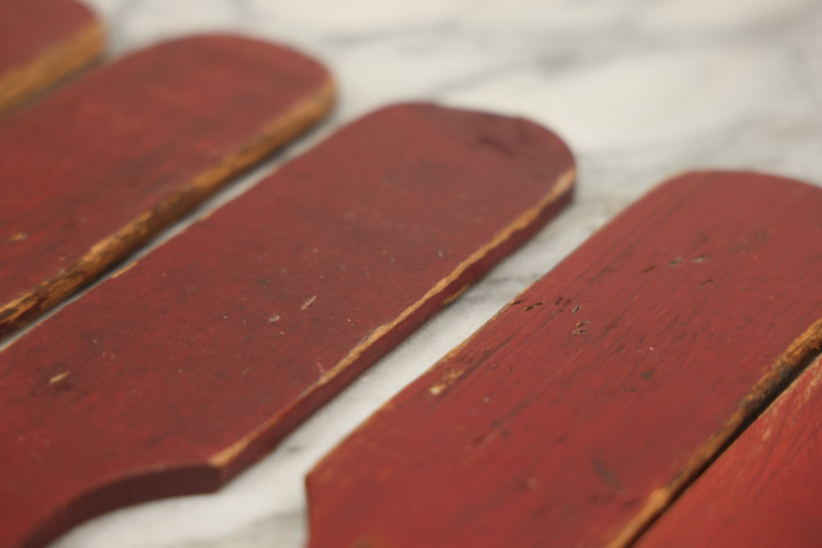 Lot 003 - Grouping Of Nine Vintage Folk Art Carnival Wheel Game Betting Paddles, Hand Painted Wood With Red Background And White Numbers, Circa 1930s 11-1/4" H Each