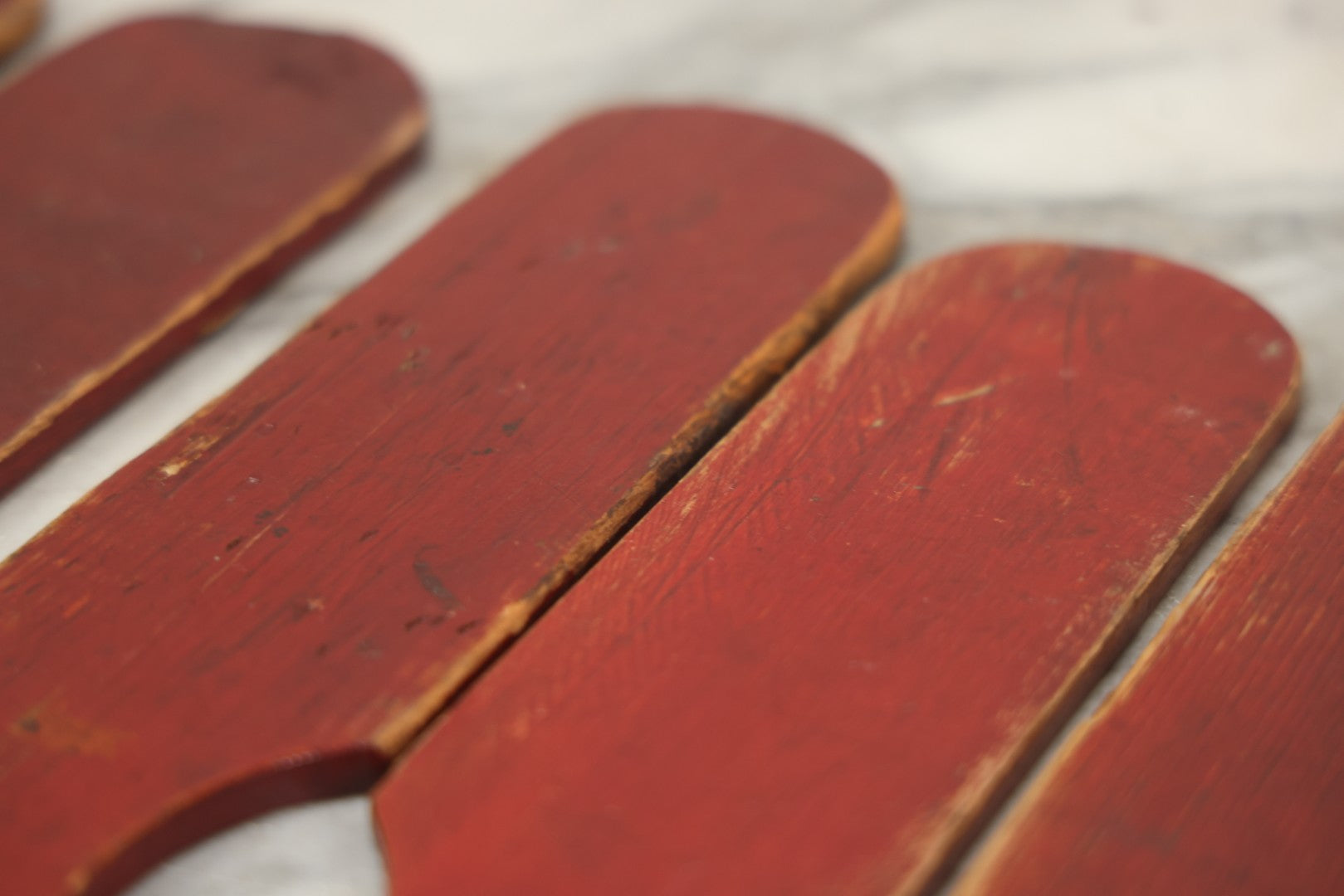 Lot 003 - Grouping Of Nine Vintage Folk Art Carnival Wheel Game Betting Paddles, Hand Painted Wood With Red Background And White Numbers, Circa 1930s 11-1/4" H Each