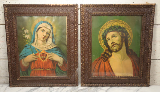 Lot 004 - Pair Of Antique Religious Devotional Chromolithograph Prints Depicting The Immaculate Heart Of The Mary And Jesus Christ, In Matching Gesso Frames, 22-3/4" x 26-5/8" Each