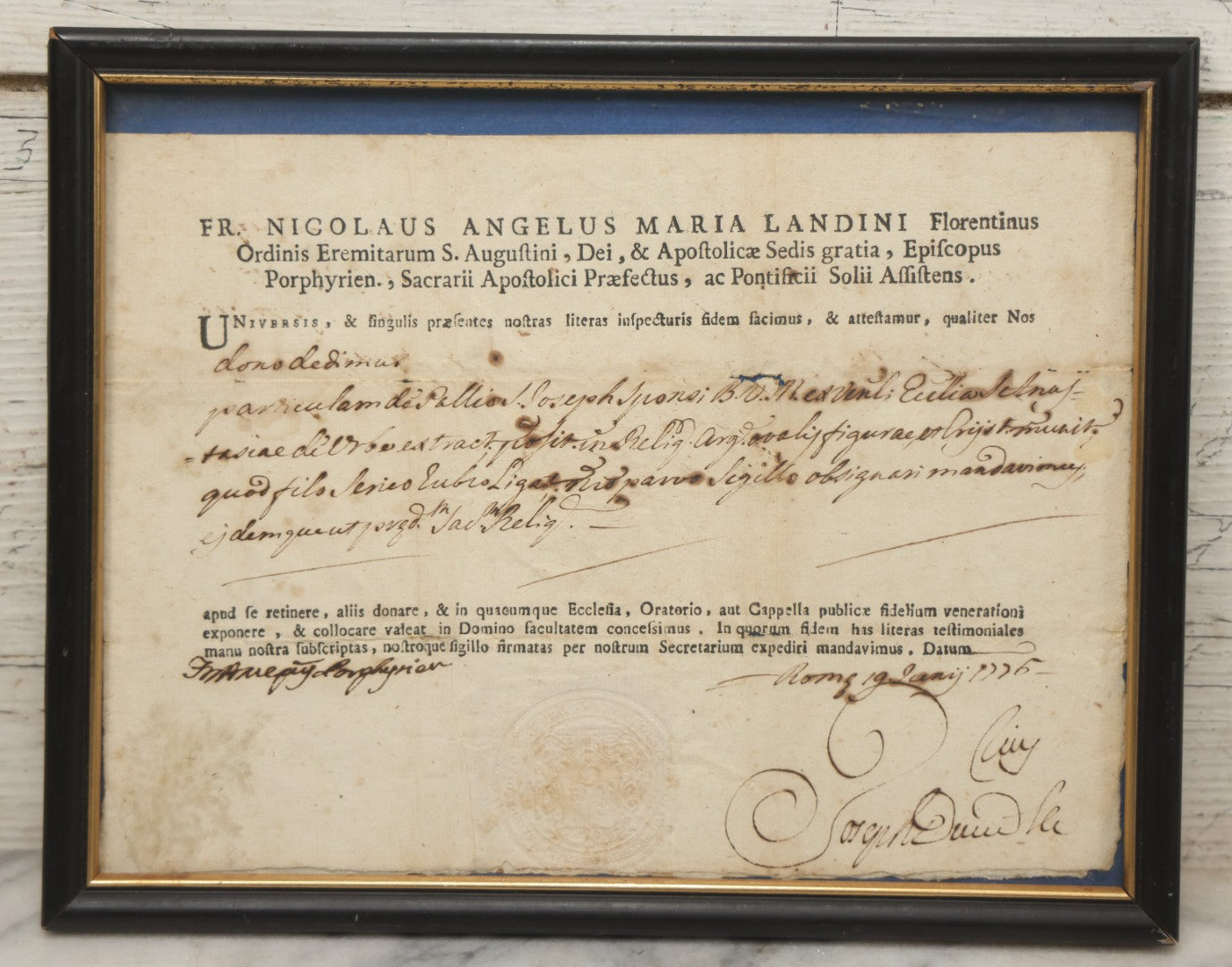 Lot 005 - Antique 18th Century Catholic Relic Authentication Certificate, 1775 Rome, Attesting To Relic Of The Cloak Of Saint Joseph, In Frame, 11-3/4" x 9-1/4"
