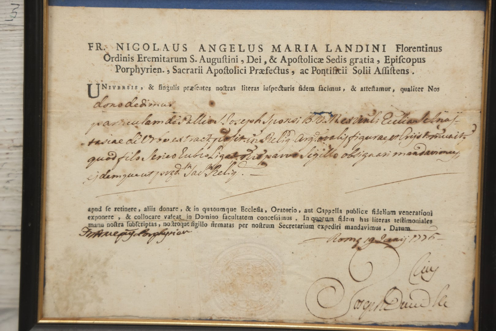 Lot 005 - Antique 18th Century Catholic Relic Authentication Certificate, 1775 Rome, Attesting To Relic Of The Cloak Of Saint Joseph, In Frame, 11-3/4" x 9-1/4"