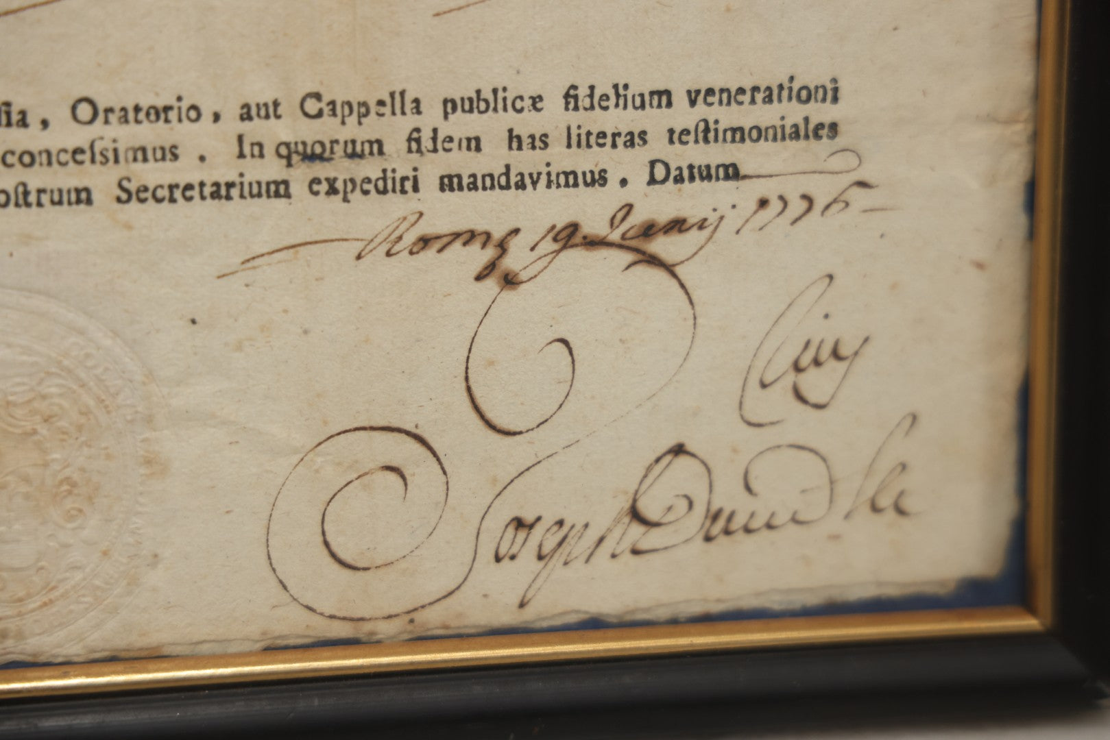 Lot 005 - Antique 18th Century Catholic Relic Authentication Certificate, 1775 Rome, Attesting To Relic Of The Cloak Of Saint Joseph, In Frame, 11-3/4" x 9-1/4"