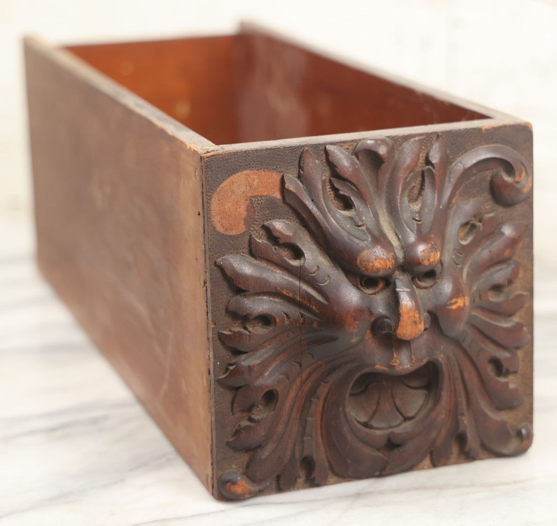 Lot 006 - Antique Wooden Desk Drawer With Carved Green Man Front, Dovetailed And Pegged Joinery, 20-1/2" L