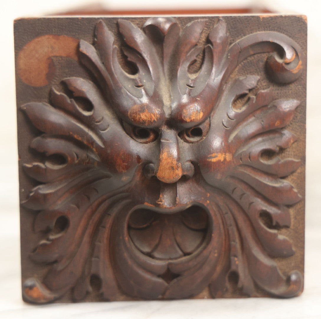Lot 006 - Antique Wooden Desk Drawer With Carved Green Man Front, Dovetailed And Pegged Joinery, 20-1/2" L
