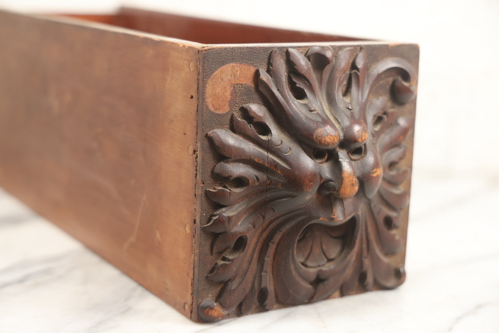 Lot 006 - Antique Wooden Desk Drawer With Carved Green Man Front, Dovetailed And Pegged Joinery, 20-1/2" L