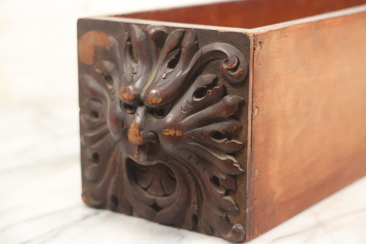 Lot 006 - Antique Wooden Desk Drawer With Carved Green Man Front, Dovetailed And Pegged Joinery, 20-1/2" L