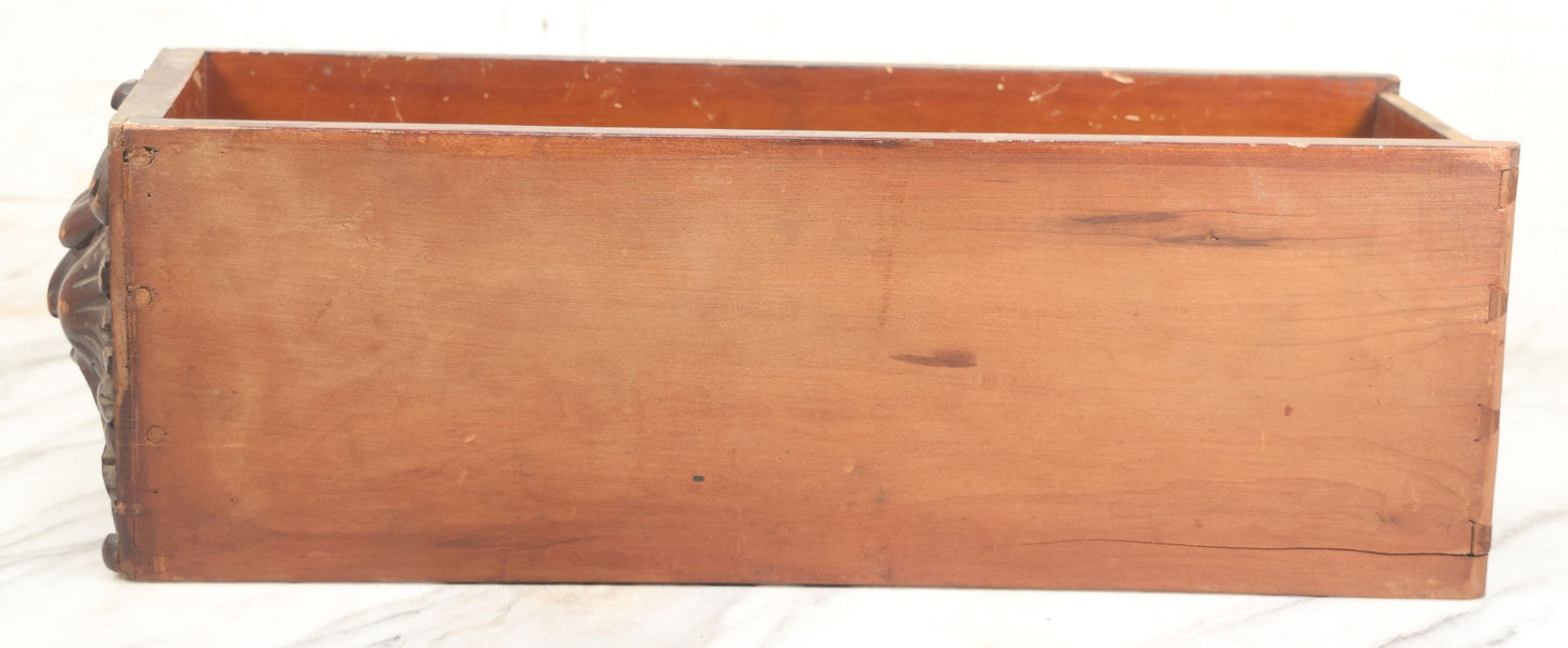 Lot 006 - Antique Wooden Desk Drawer With Carved Green Man Front, Dovetailed And Pegged Joinery, 20-1/2" L