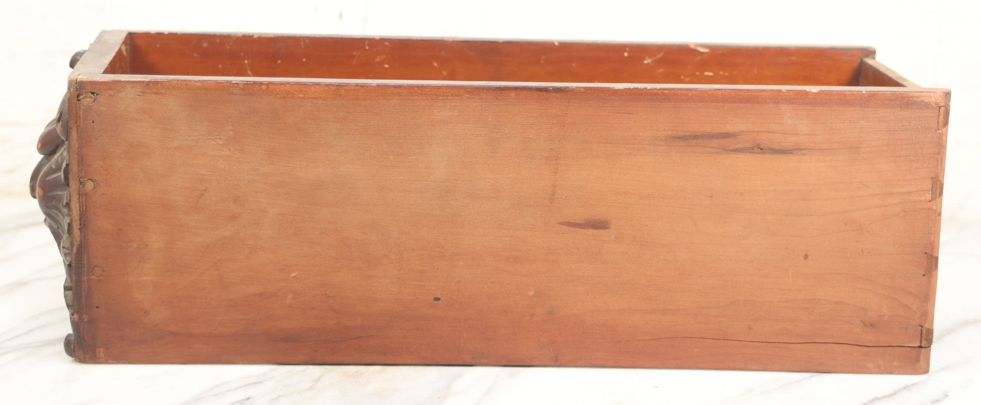 Lot 006 - Antique Wooden Desk Drawer With Carved Green Man Front, Dovetailed And Pegged Joinery, 20-1/2" L