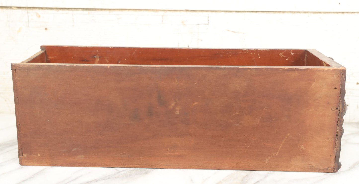 Lot 006 - Antique Wooden Desk Drawer With Carved Green Man Front, Dovetailed And Pegged Joinery, 20-1/2" L