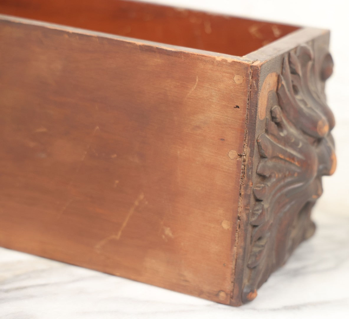 Lot 006 - Antique Wooden Desk Drawer With Carved Green Man Front, Dovetailed And Pegged Joinery, 20-1/2" L