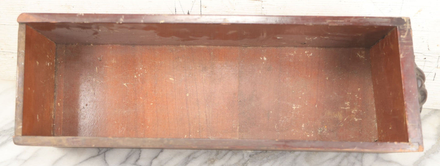 Lot 006 - Antique Wooden Desk Drawer With Carved Green Man Front, Dovetailed And Pegged Joinery, 20-1/2" L