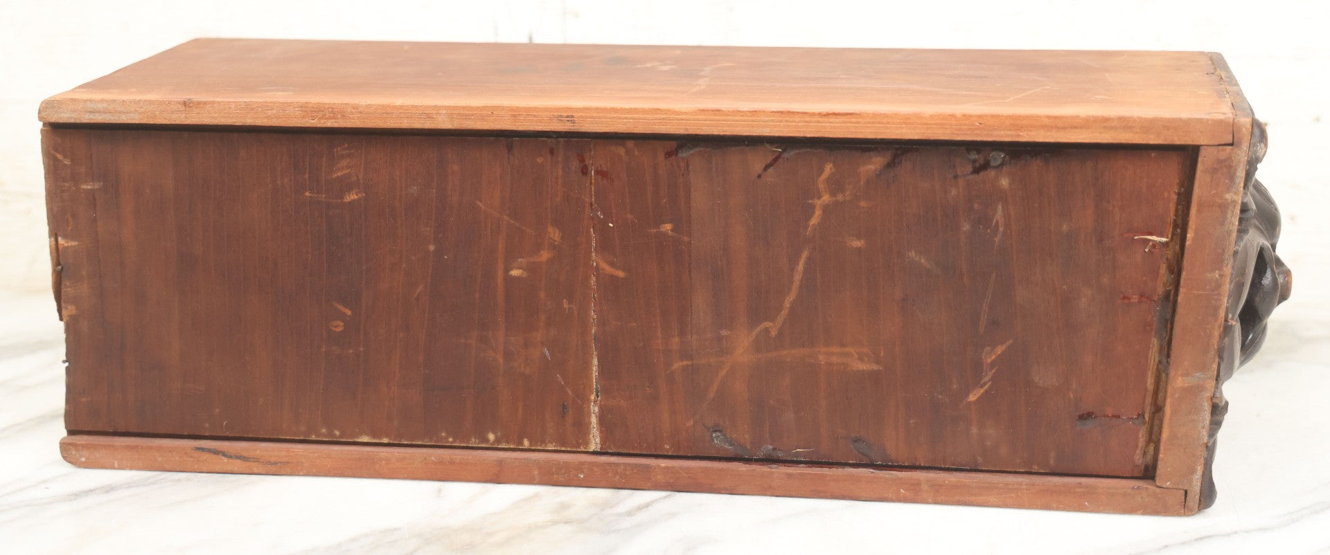 Lot 006 - Antique Wooden Desk Drawer With Carved Green Man Front, Dovetailed And Pegged Joinery, 20-1/2" L