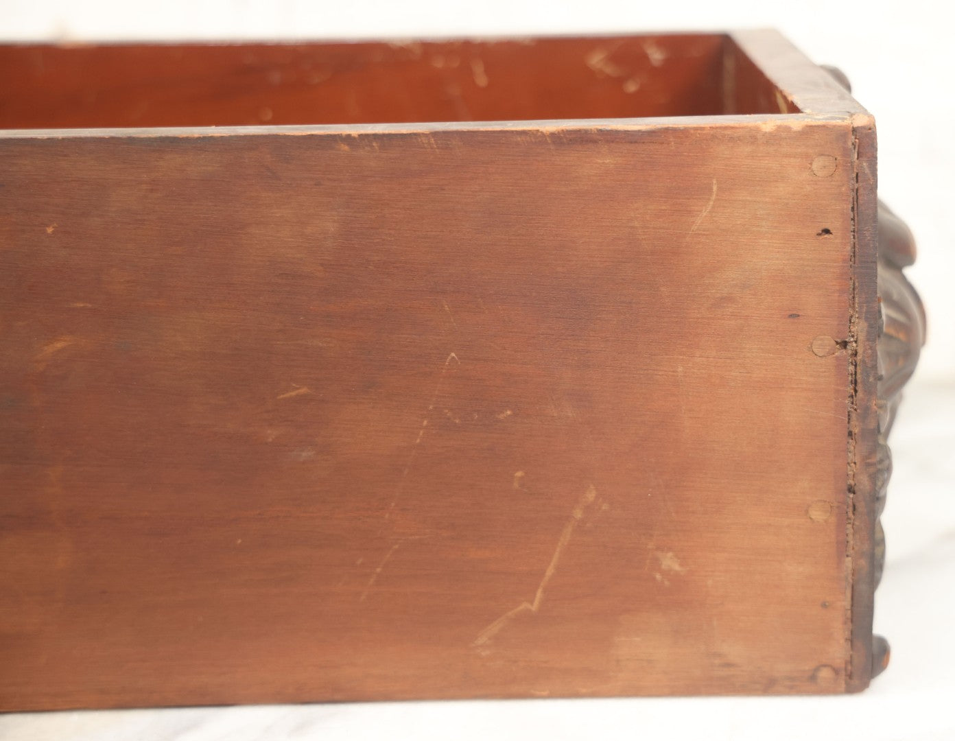 Lot 006 - Antique Wooden Desk Drawer With Carved Green Man Front, Dovetailed And Pegged Joinery, 20-1/2" L