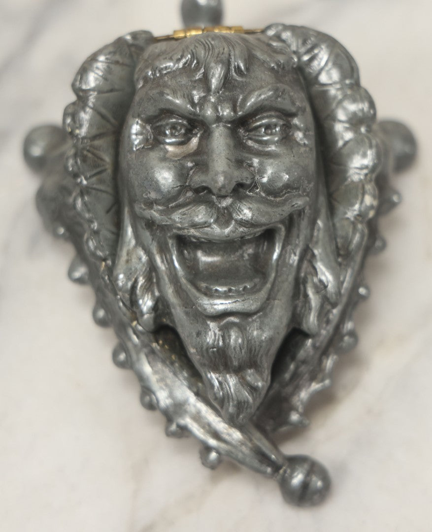 Lot 007 - Antique Pewter Figural Inkwell With Jester Head Motif And Glass Insert, Note Damaged Foot