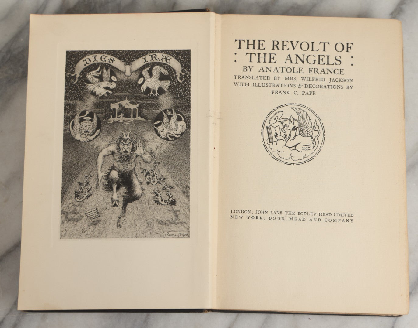 Lot 008 - "The Revolt Of The Angels" Antique Illustrated Book By Anatole France, Illustrated By Frank C. Papé, Published By Dodd, Mead & Company, New York, 1924, Illustrations Include Sphinx, Pan, Satyrs, Cupid, Heralds In Gas Masks, Deckled Edges