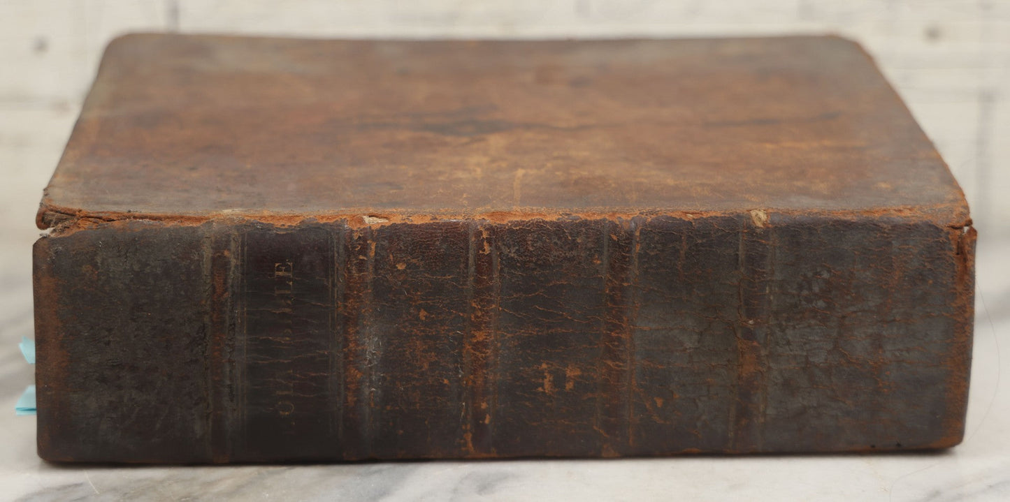 Lot 009 - Antique Leather Bound Family Holy Bible, King James Version, Handwritten Wilder Family Records Dating From 1737-1855, Printed By John Holbrook, Brattleborough, Vermont, Circa 1816, Note Missing Front Pages
