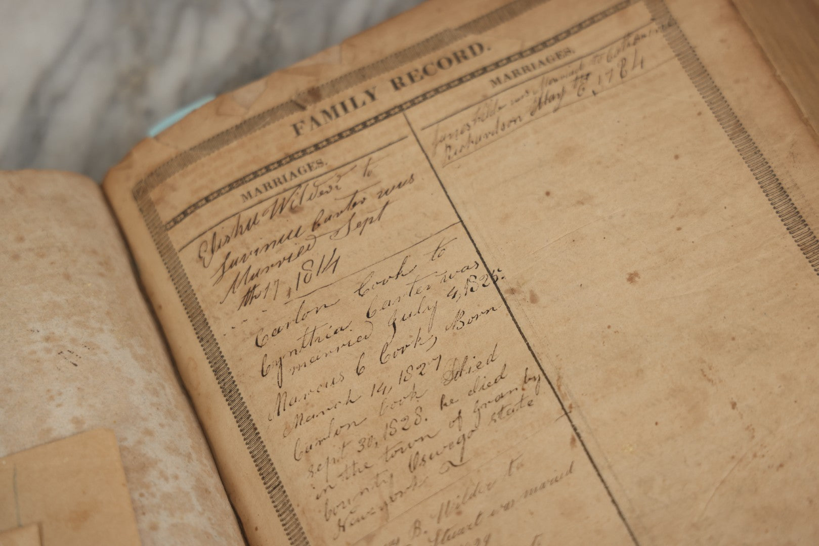 Lot 009 - Antique Leather Bound Family Holy Bible, King James Version, Handwritten Wilder Family Records Dating From 1737-1855, Printed By John Holbrook, Brattleborough, Vermont, Circa 1816, Note Missing Front Pages