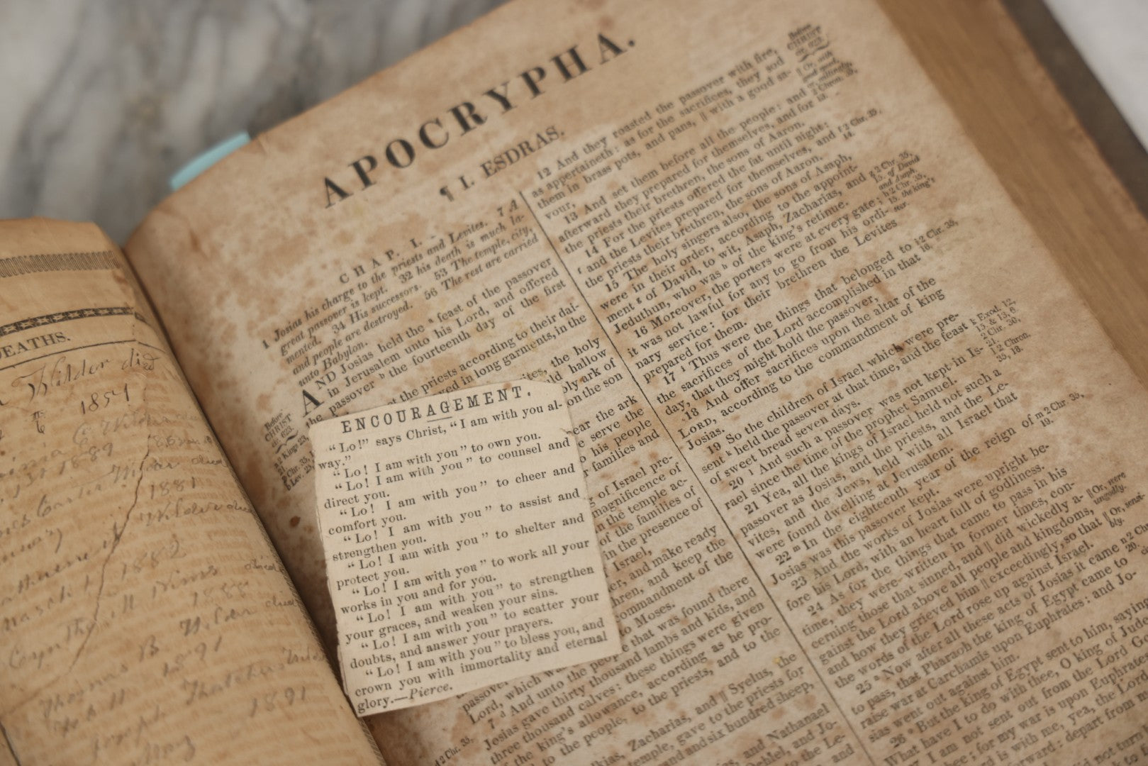 Lot 009 - Antique Leather Bound Family Holy Bible, King James Version, Handwritten Wilder Family Records Dating From 1737-1855, Printed By John Holbrook, Brattleborough, Vermont, Circa 1816, Note Missing Front Pages