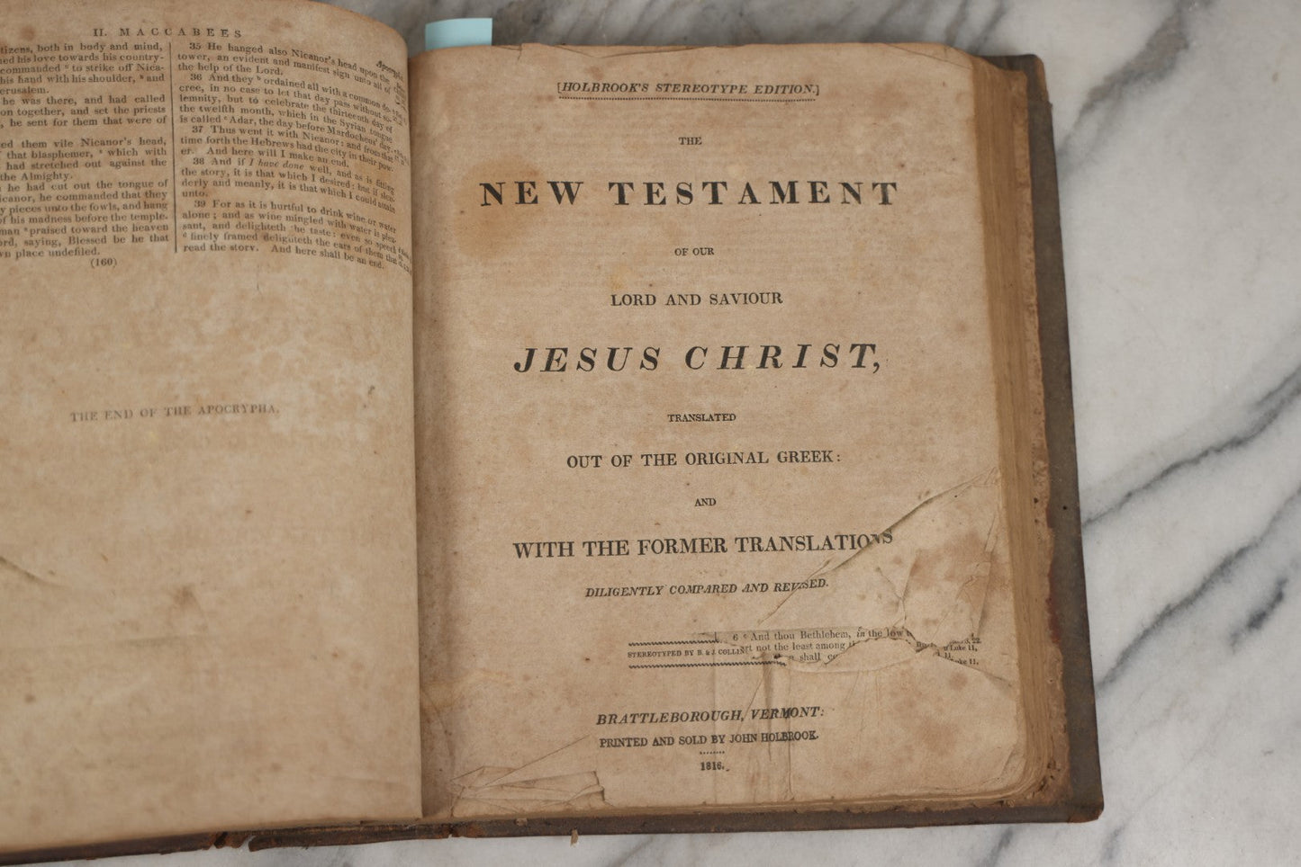 Lot 009 - Antique Leather Bound Family Holy Bible, King James Version, Handwritten Wilder Family Records Dating From 1737-1855, Printed By John Holbrook, Brattleborough, Vermont, Circa 1816, Note Missing Front Pages