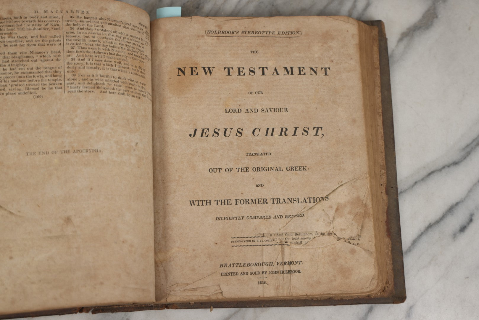 Lot 009 - Antique Leather Bound Family Holy Bible, King James Version, Handwritten Wilder Family Records Dating From 1737-1855, Printed By John Holbrook, Brattleborough, Vermont, Circa 1816, Note Missing Front Pages