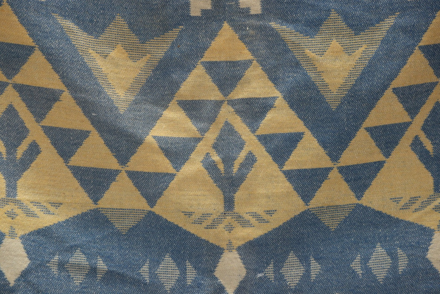 Lot 011 - Vintage Navajo-Style Textile Camp Blanket With Whirling Logs And Thunderbird Motifs, Blue And Yellow, Circa 1920s 60" x 70"