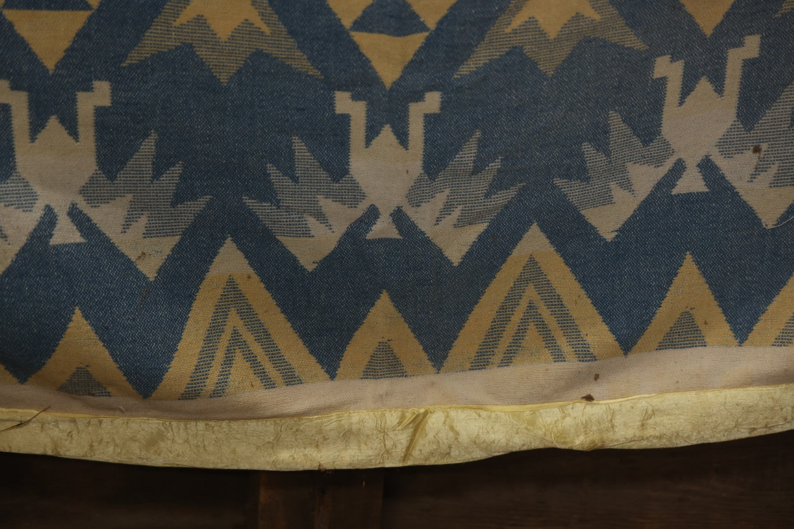 Lot 011 - Vintage Navajo-Style Textile Camp Blanket With Whirling Logs And Thunderbird Motifs, Blue And Yellow, Circa 1920s 60" x 70"
