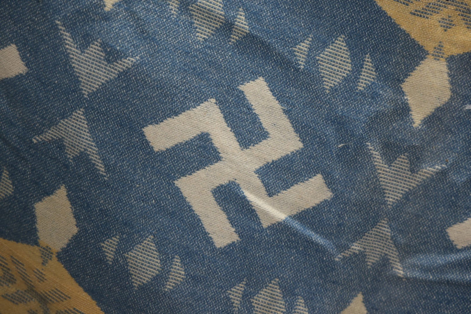 Lot 011 - Vintage Navajo-Style Textile Camp Blanket With Whirling Logs And Thunderbird Motifs, Blue And Yellow, Circa 1920s 60" x 70"