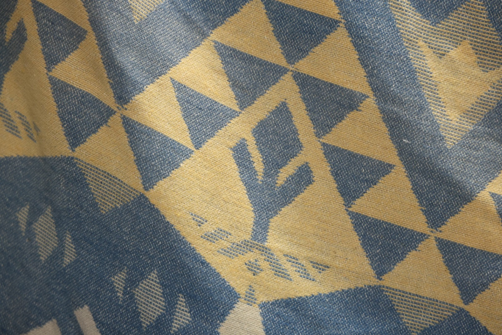 Lot 011 - Vintage Navajo-Style Textile Camp Blanket With Whirling Logs And Thunderbird Motifs, Blue And Yellow, Circa 1920s 60" x 70"