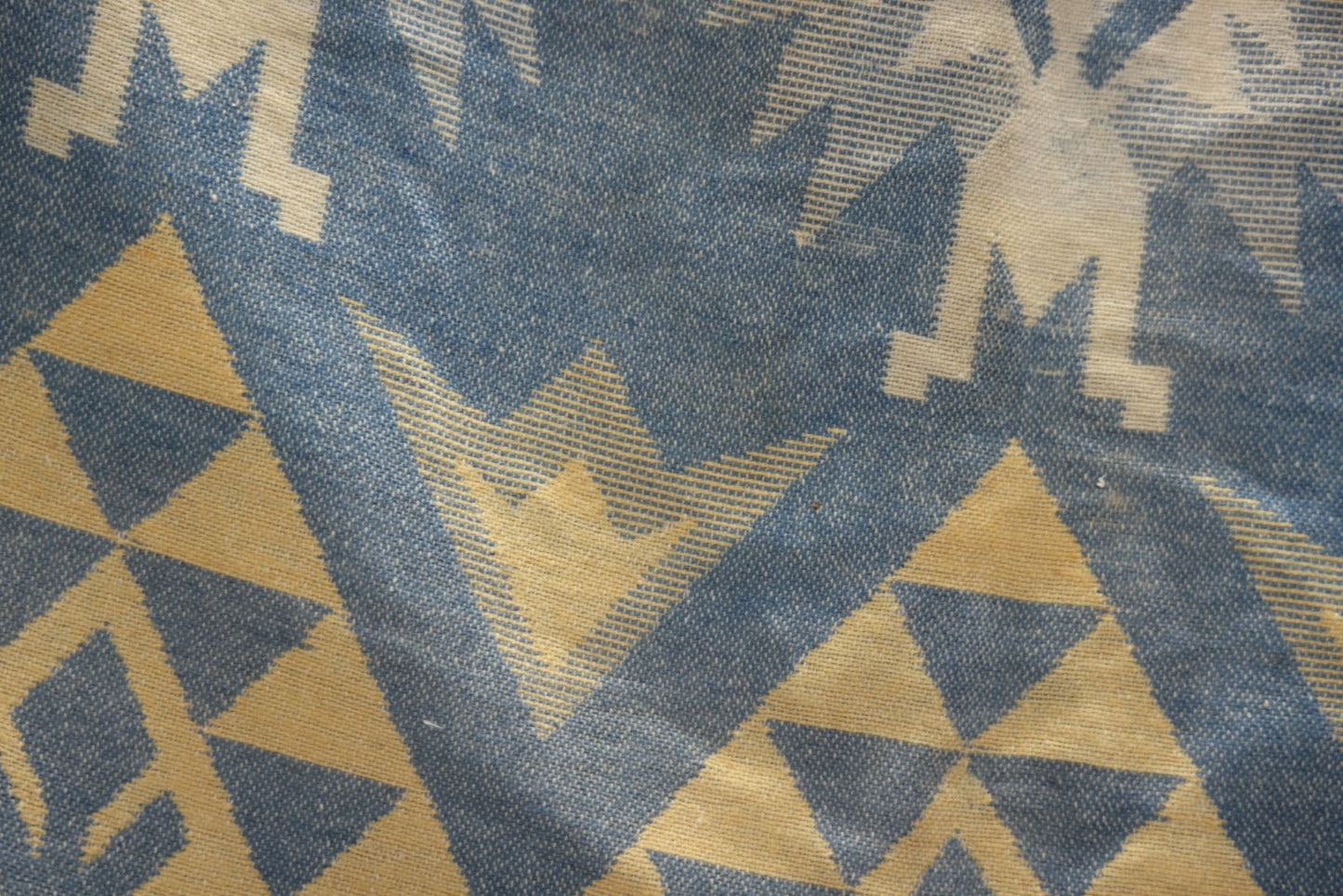 Lot 011 - Vintage Navajo-Style Textile Camp Blanket With Whirling Logs And Thunderbird Motifs, Blue And Yellow, Circa 1920s 60" x 70"