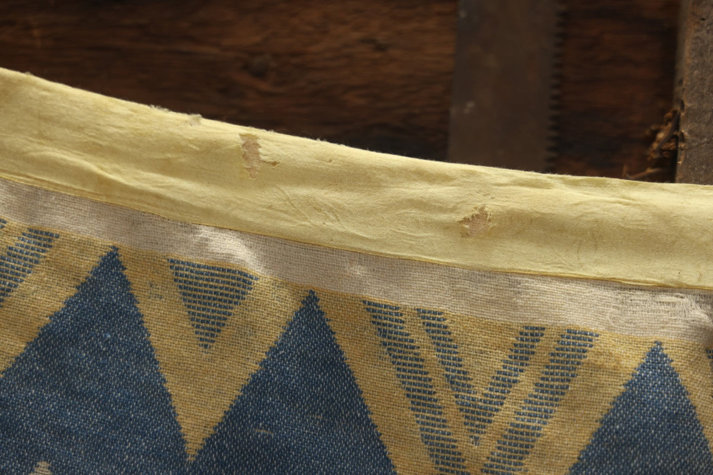 Lot 011 - Vintage Navajo-Style Textile Camp Blanket With Whirling Logs And Thunderbird Motifs, Blue And Yellow, Circa 1920s 60" x 70"