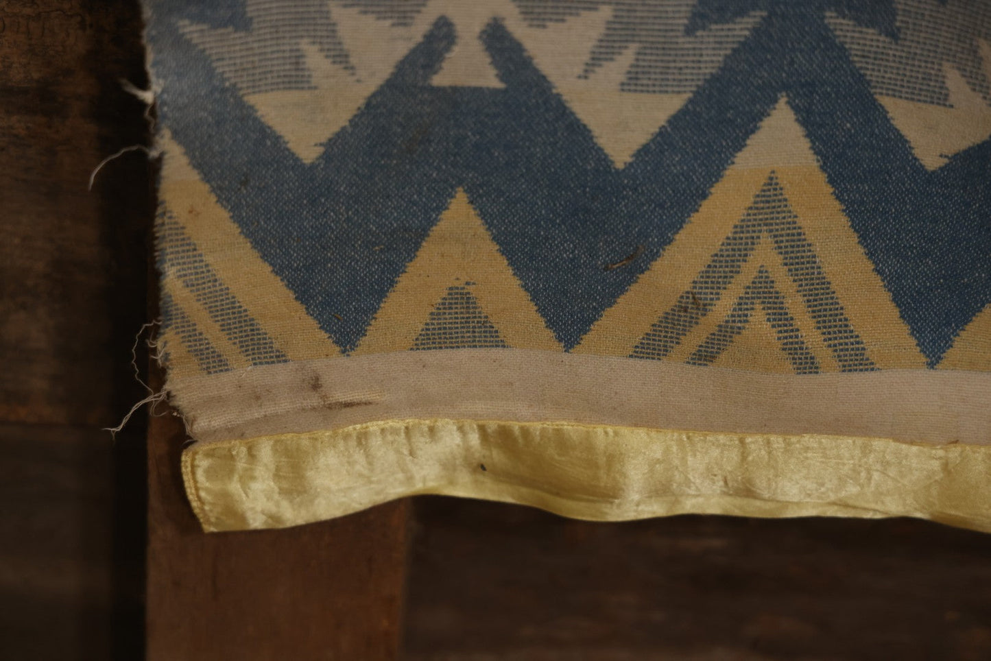 Lot 011 - Vintage Navajo-Style Textile Camp Blanket With Whirling Logs And Thunderbird Motifs, Blue And Yellow, Circa 1920s 60" x 70"